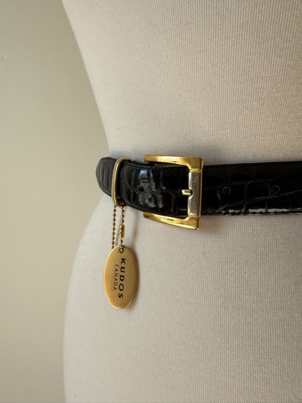 Vintage Kudos Leather Belt Black Croc Embossed Gold Buckle Made in Canada